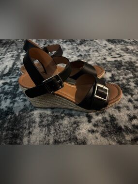 Soda Black Buckle Wedge Sandals